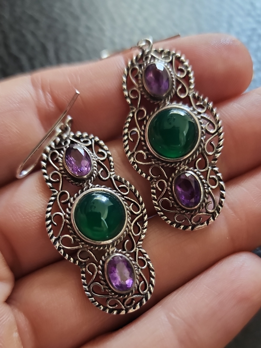 Sterling Filigree Earrings with Green Cabochon and Amethyst Stones